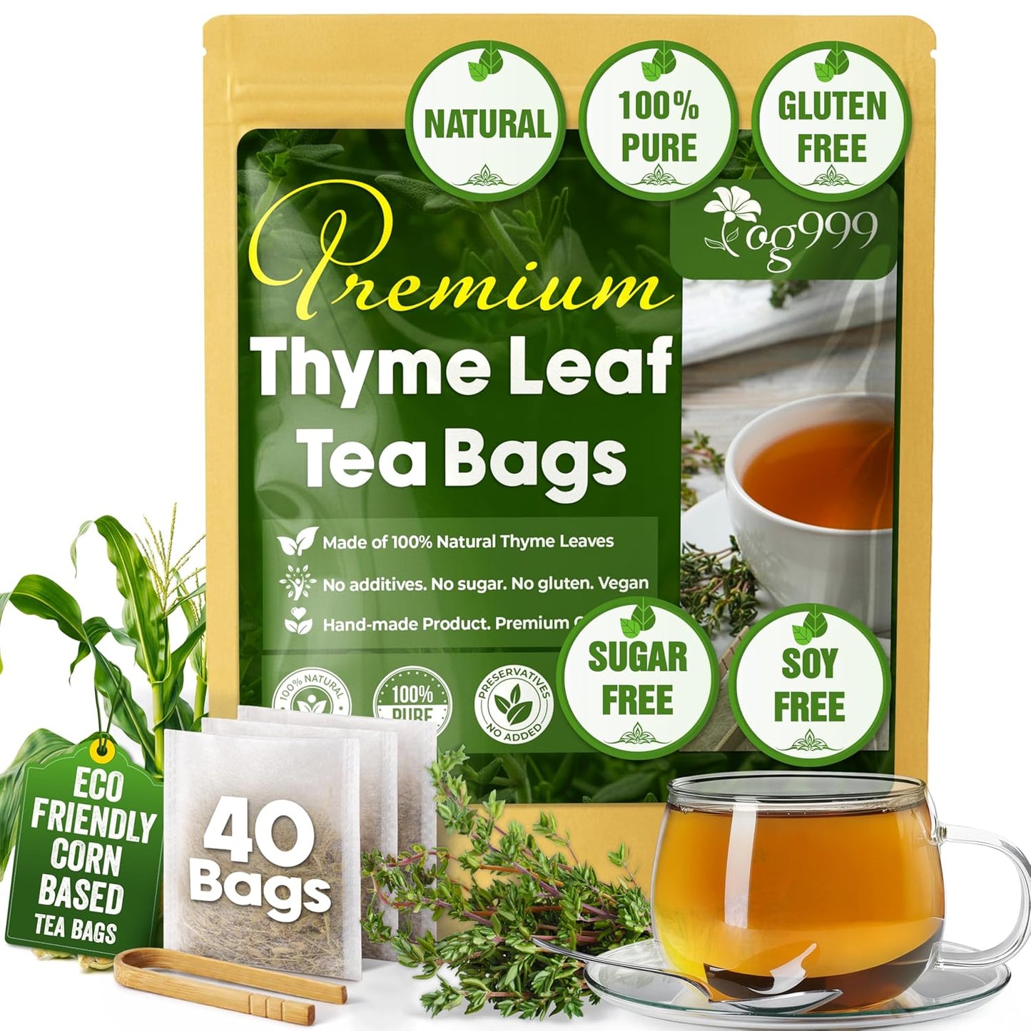 Premium 40 Thyme Leaf Tea Bags - 100% Natural Herbal Infusion