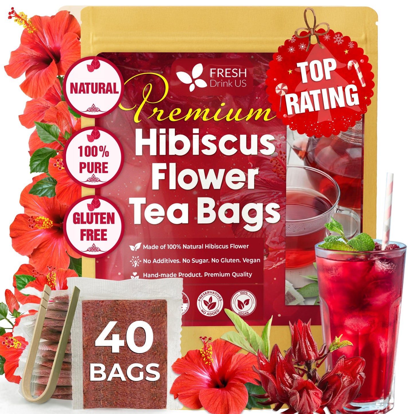 Flores secas de hibisco, bolsitas de té, 100 % natural, puro de flores de hibisco. Té de hibisco a granel. Té de flor de hibisco. Sin azúcar, sin cafeína, sin gluten, vegano.