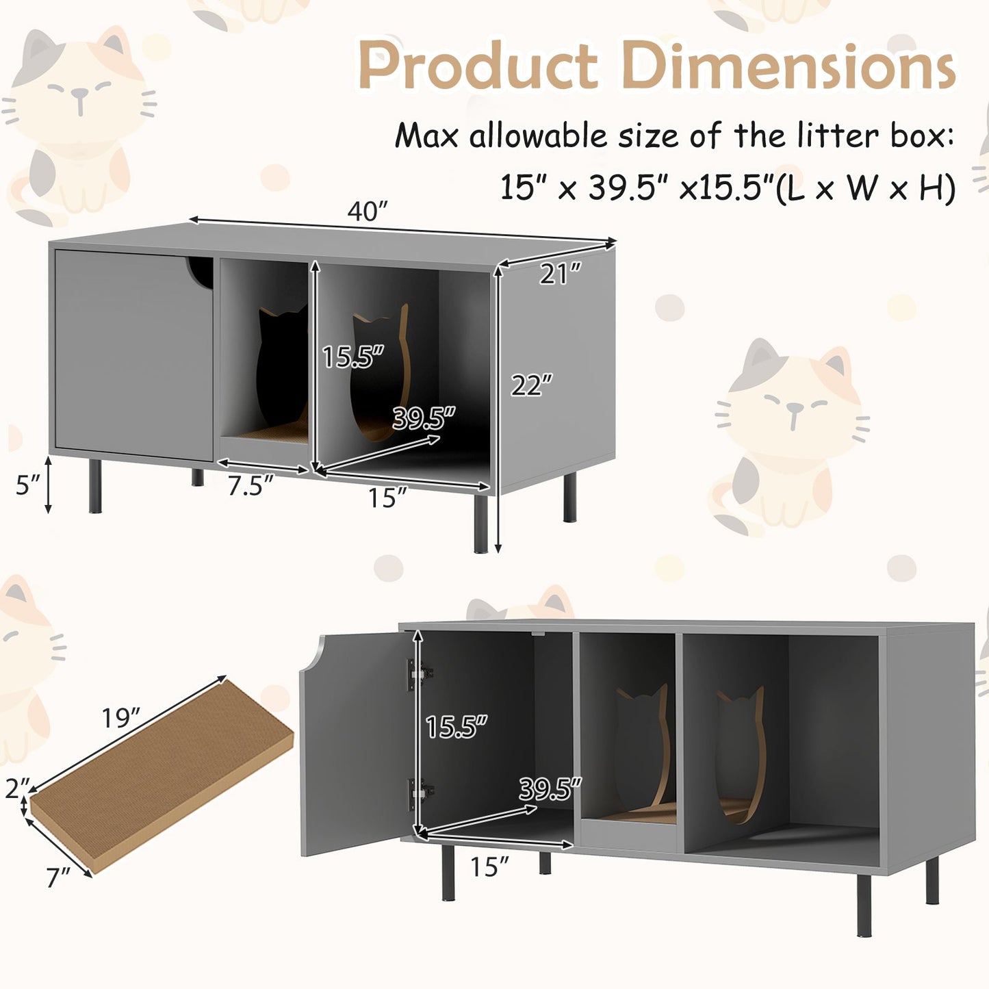 Caja de arena para gatos de 40 pulgadas para dos gatos - Gris