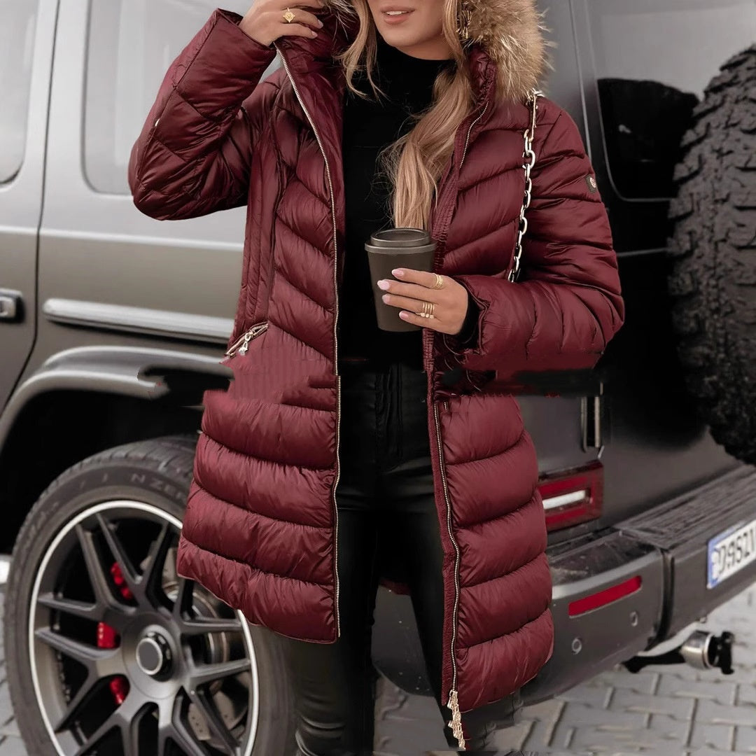 Veste Puffer Élégante Mi-Longue Ajustée avec Col en Fourrure