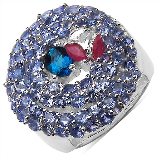 3.31 Carat London Blue Topaz, Ruby & Tanzanite Sterling Silver Ring