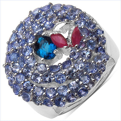 Bague en argent sterling avec topaze bleue de Londres de 3,31 carats, rubis et tanzanite