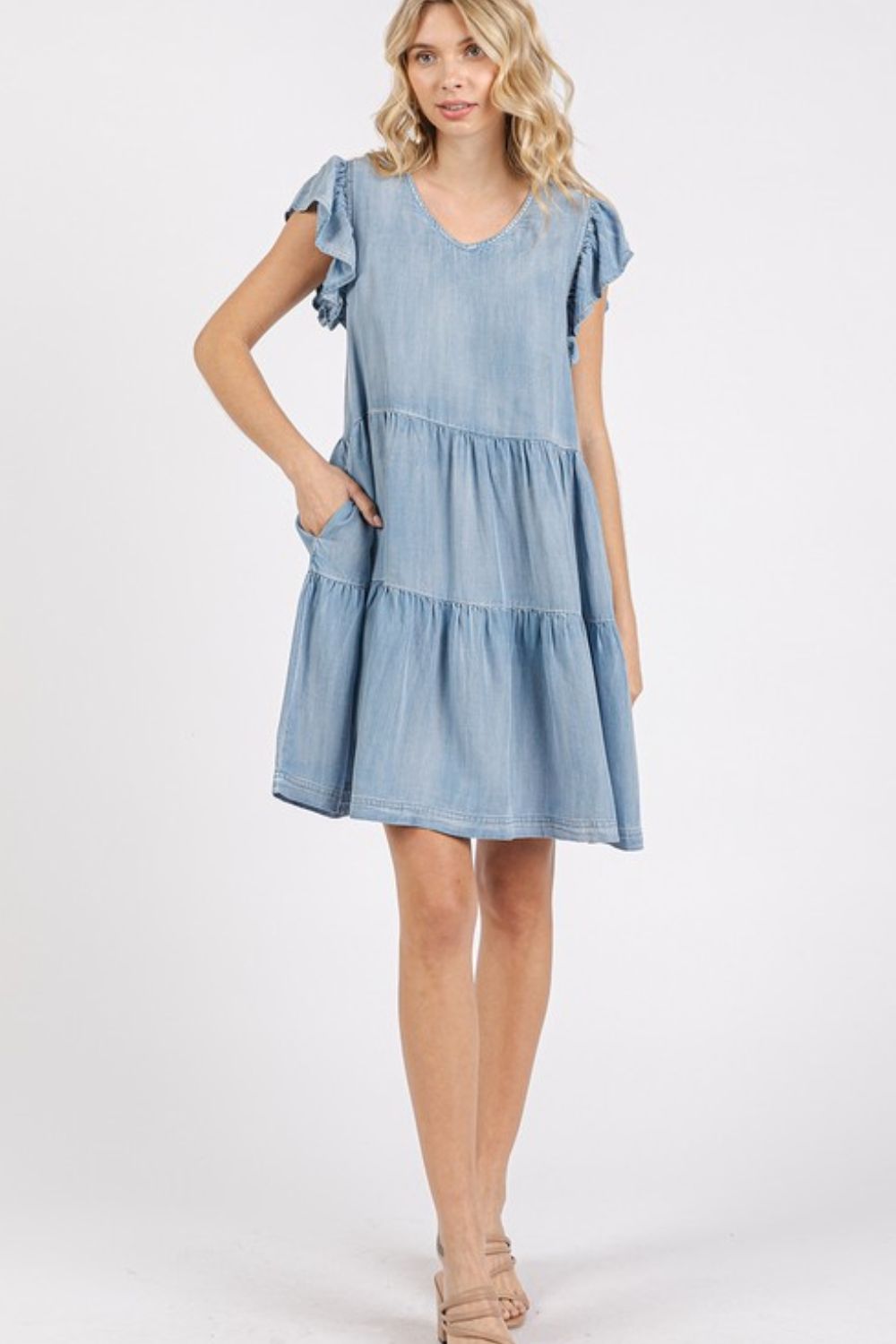 Elegant V-Neck Ruffled Cap Sleeve Mini Dress for Women