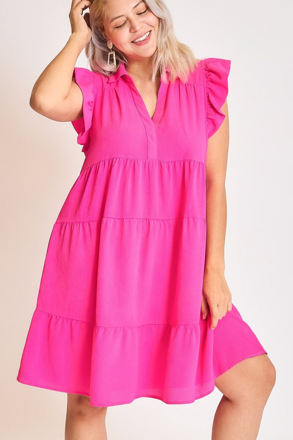 Elegant Pink Plus Size Ruffle Cap Sleeve Dress