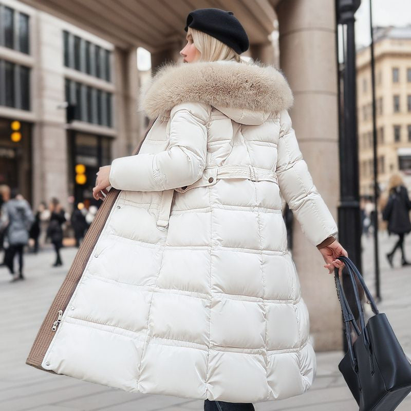 Winter Slim Long Jacket with Fur Hood for Women