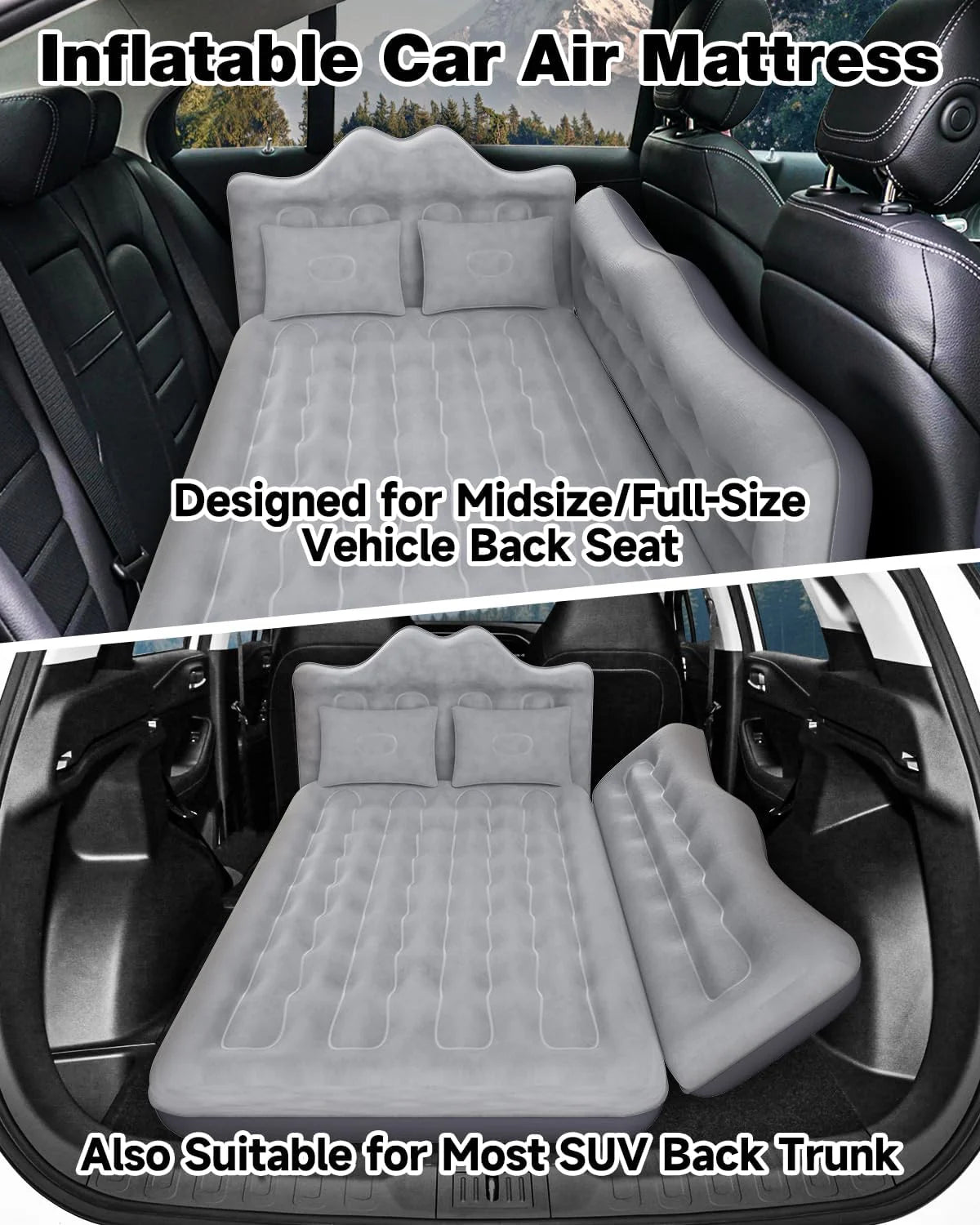 Umbrauto 29.53in/75cm Wide Car Air Mattress – Inflatable SUV, Truck & Van Back Seat Camping Bed with Pump & Pillows, Gray - Korvel