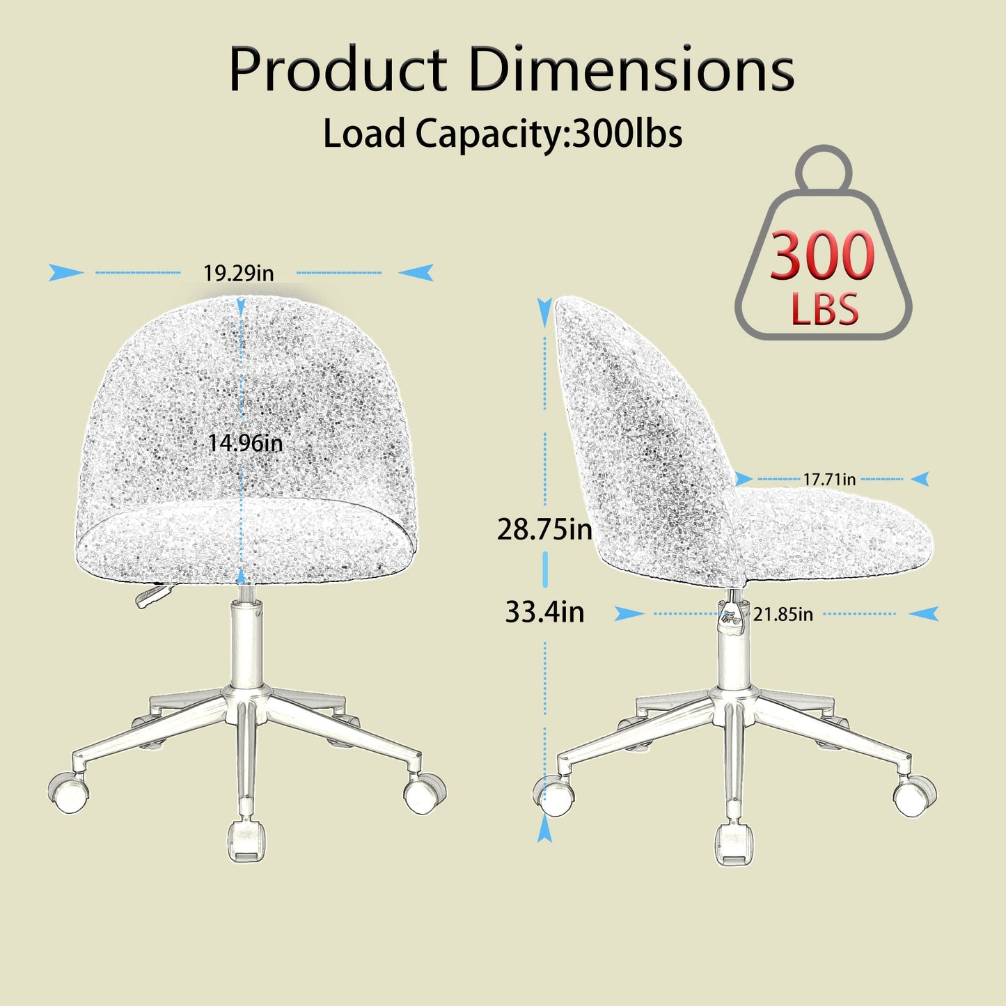 Velvet fabric office chair, mid back adjustable rotating computer chair, black legs, cushioned office chair with wheels ，White - Korvel