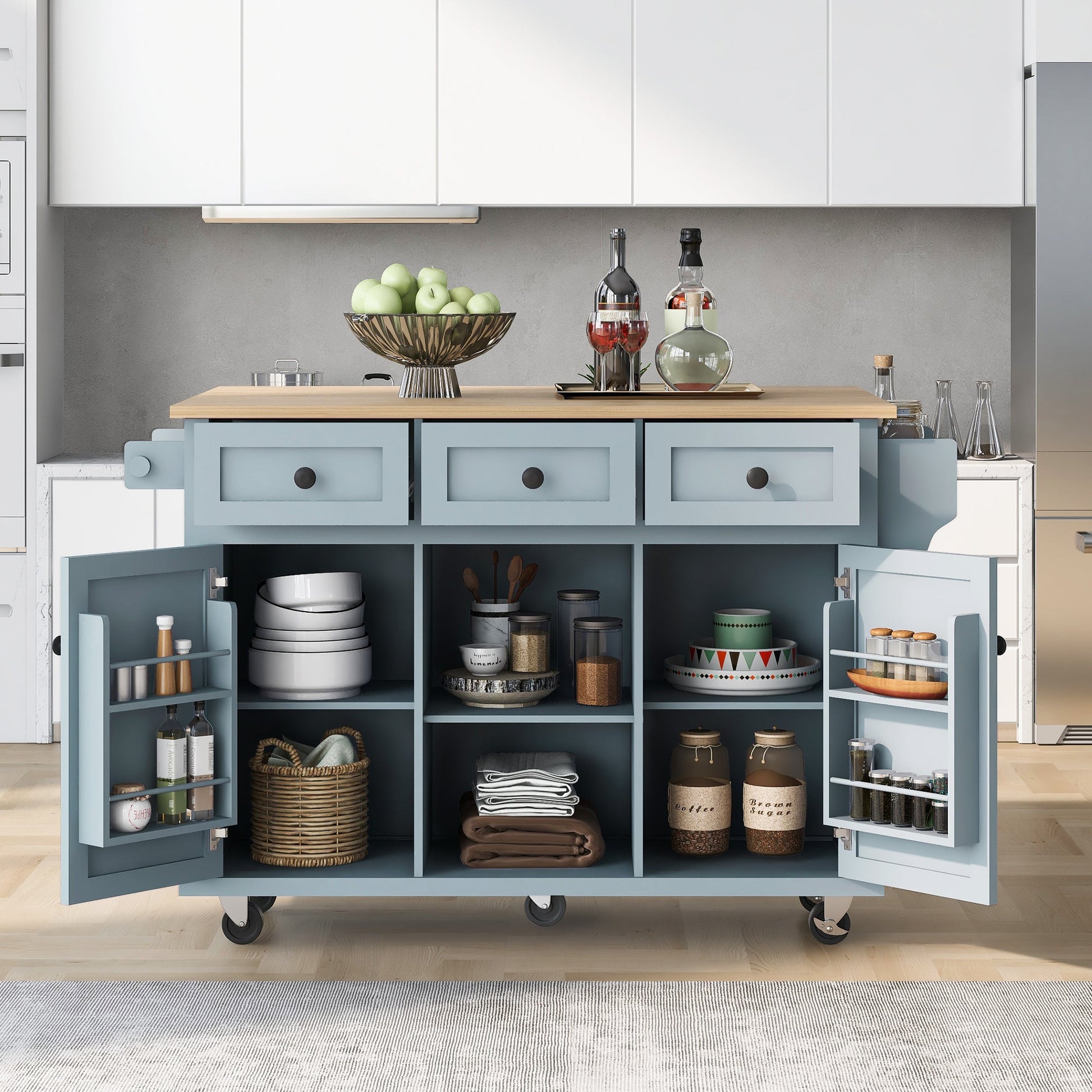 Kitchen handcart with rubber wood leaf countertop, storage cabinet, shelf, and 3 dining room drawers, gray blue - Korvel