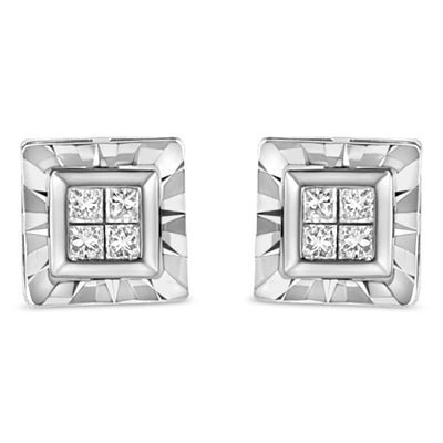.925 Sterling Silver Invisible Set Princess-Cut Diamond Stud Earrings