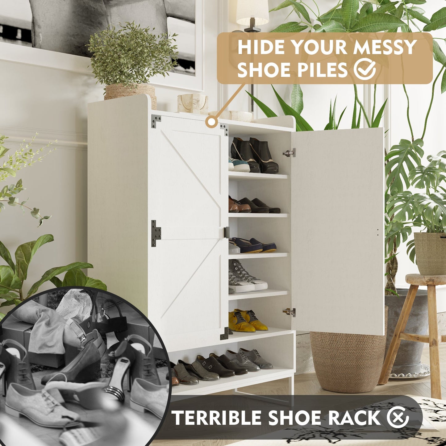 Shoe Cabinet with Doors, 6-Tier Shoe Storage Cabinet with Adjustable Shelves, Wooden Shoes Rack Shoe Storage Organizer - Korvel