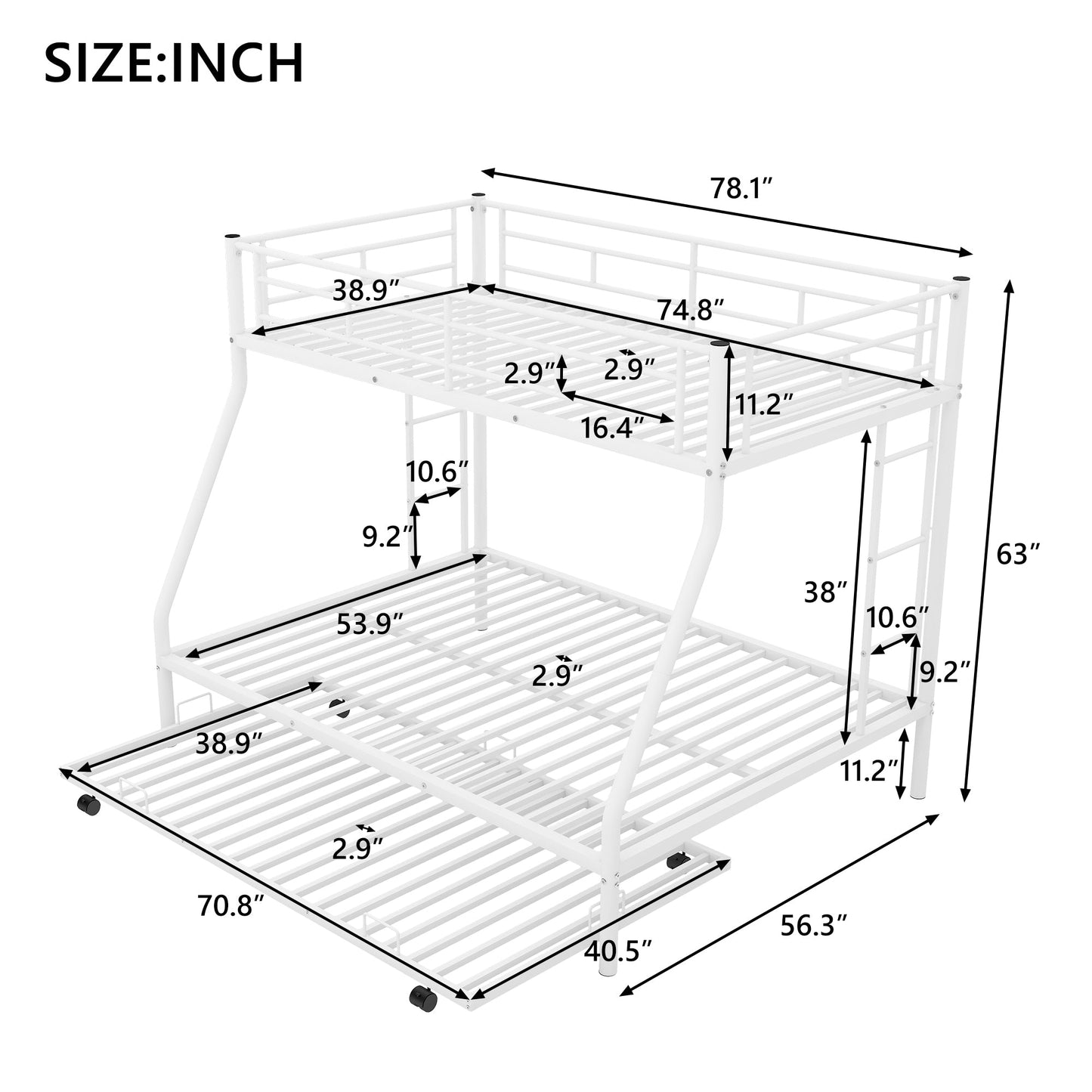 Twin over Full Bunk Bed with Trundle and Steel Frame - White