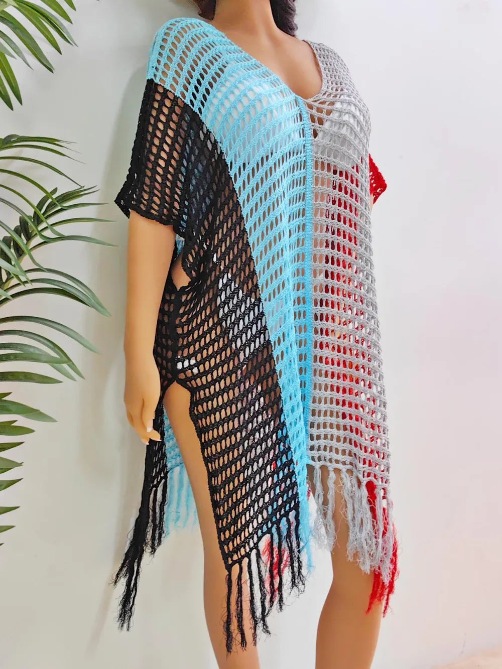 Fringe Color Block Scoop Neck Cover Up - Korvel