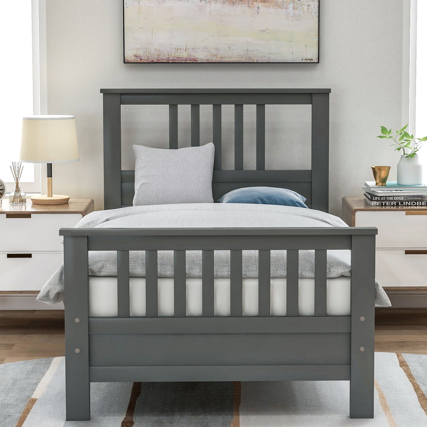 Wood Platform Bed with Headboard and Footboard Twin (Gray) - Korvel