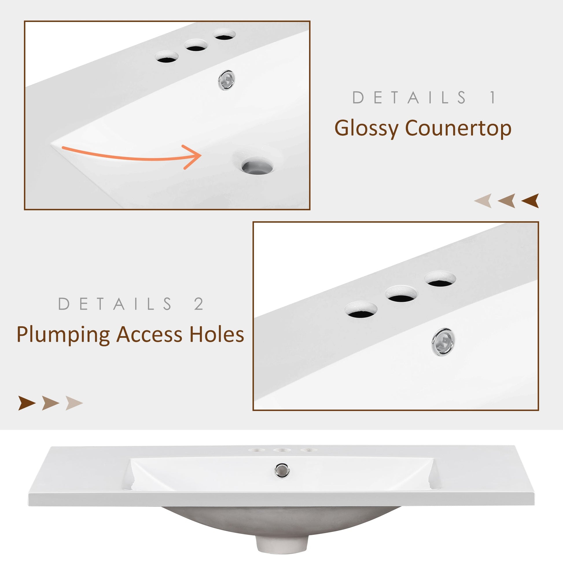 36" Single Bathroom Basin Sink, Vanity Top Only, 3-Faucet Holes, Resin - Korvel