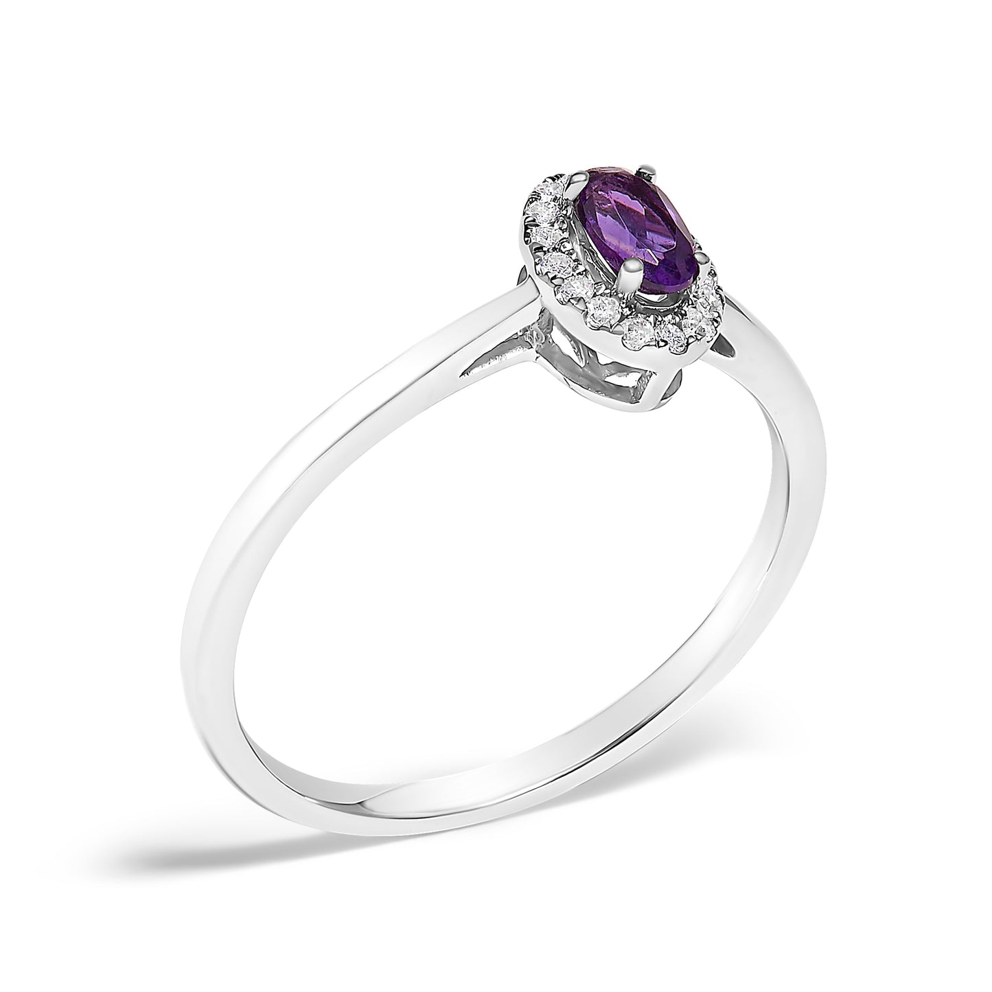 10K White Gold Oval Purple Amethyst & Diamond Halo Ring - Size 6.5