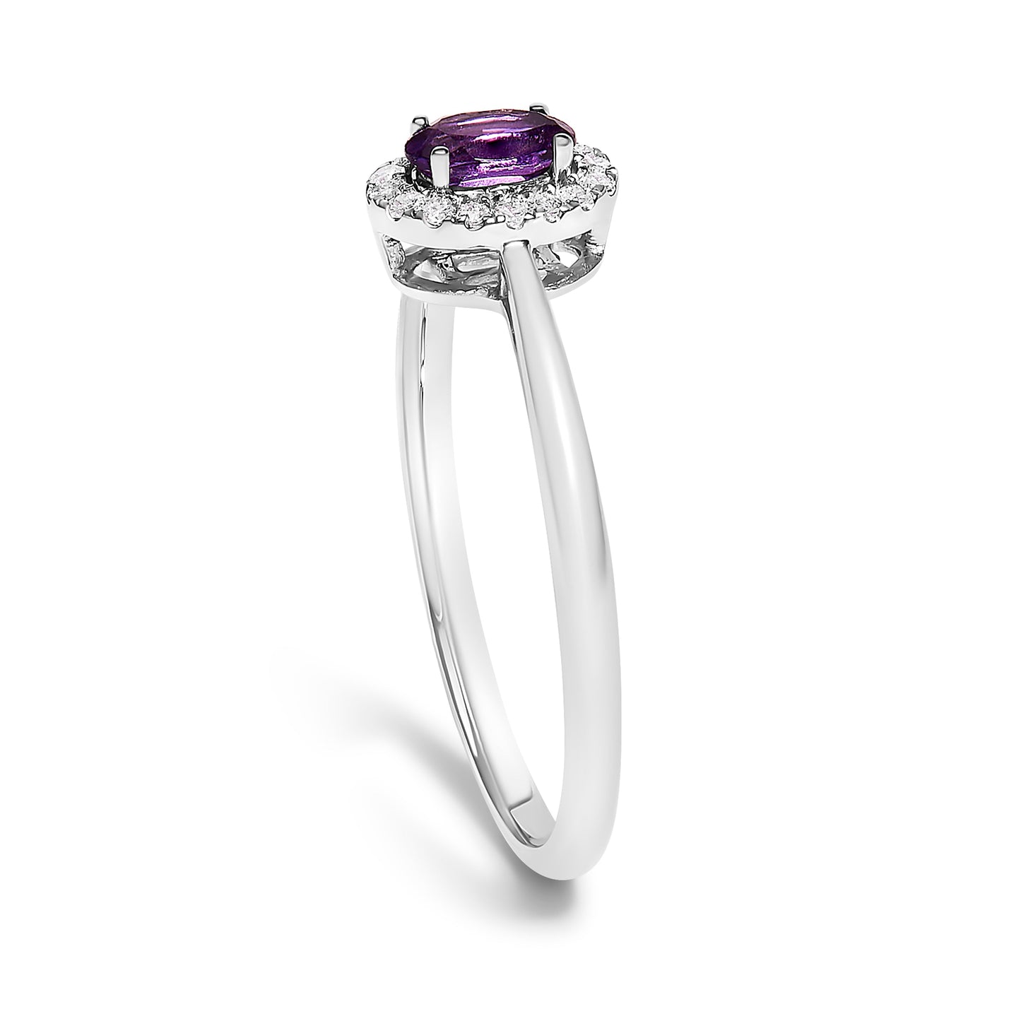 10K White Gold Oval Purple Amethyst & Diamond Halo Ring - Size 6.5