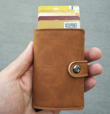 RFID Protected Vintage Automatic Leather Credit Card Holder Men Aluminum Alloy Hasp Business ID Multifunction Cardholder Wallet - Korvel