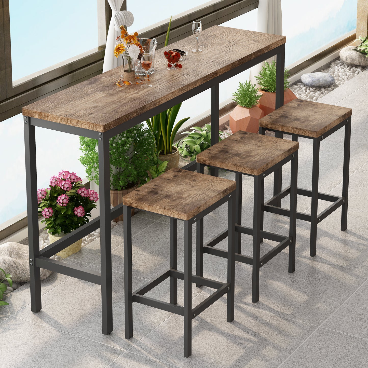 Modern Design Kitchen Dining Table Pub Table Long Dining Table Set with 3 Stools Easy Assembly Natural - Korvel