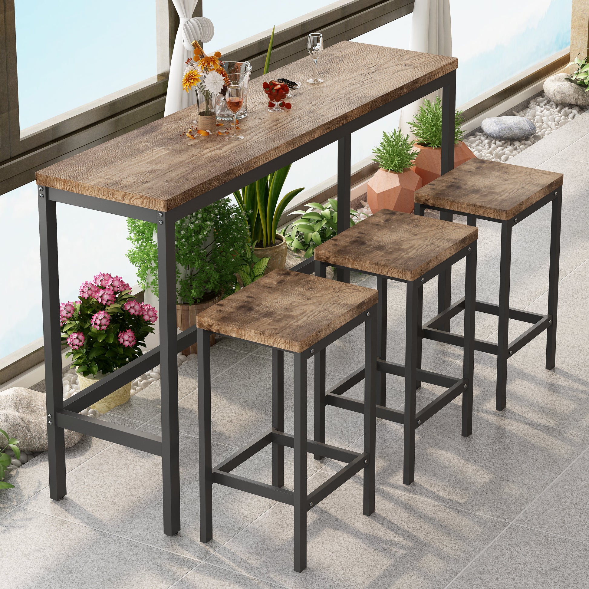Modern Design Kitchen Dining Table Pub Table Long Dining Table Set with 3 Stools Easy Assembly Natural - Korvel