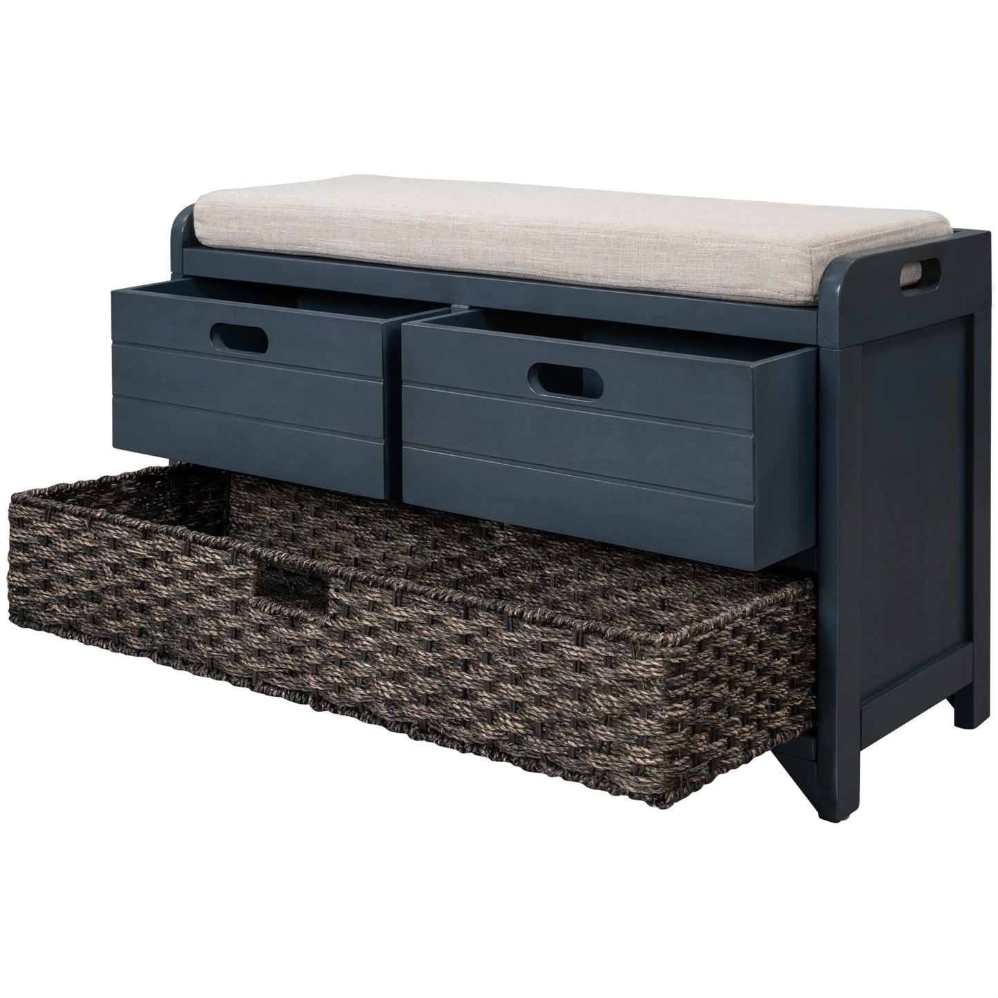 TREXM Storage Bench with Removable Basket and 2 Drawers, Fully Assembled Shoe Bench with Removable Cushion (Navy) - Korvel