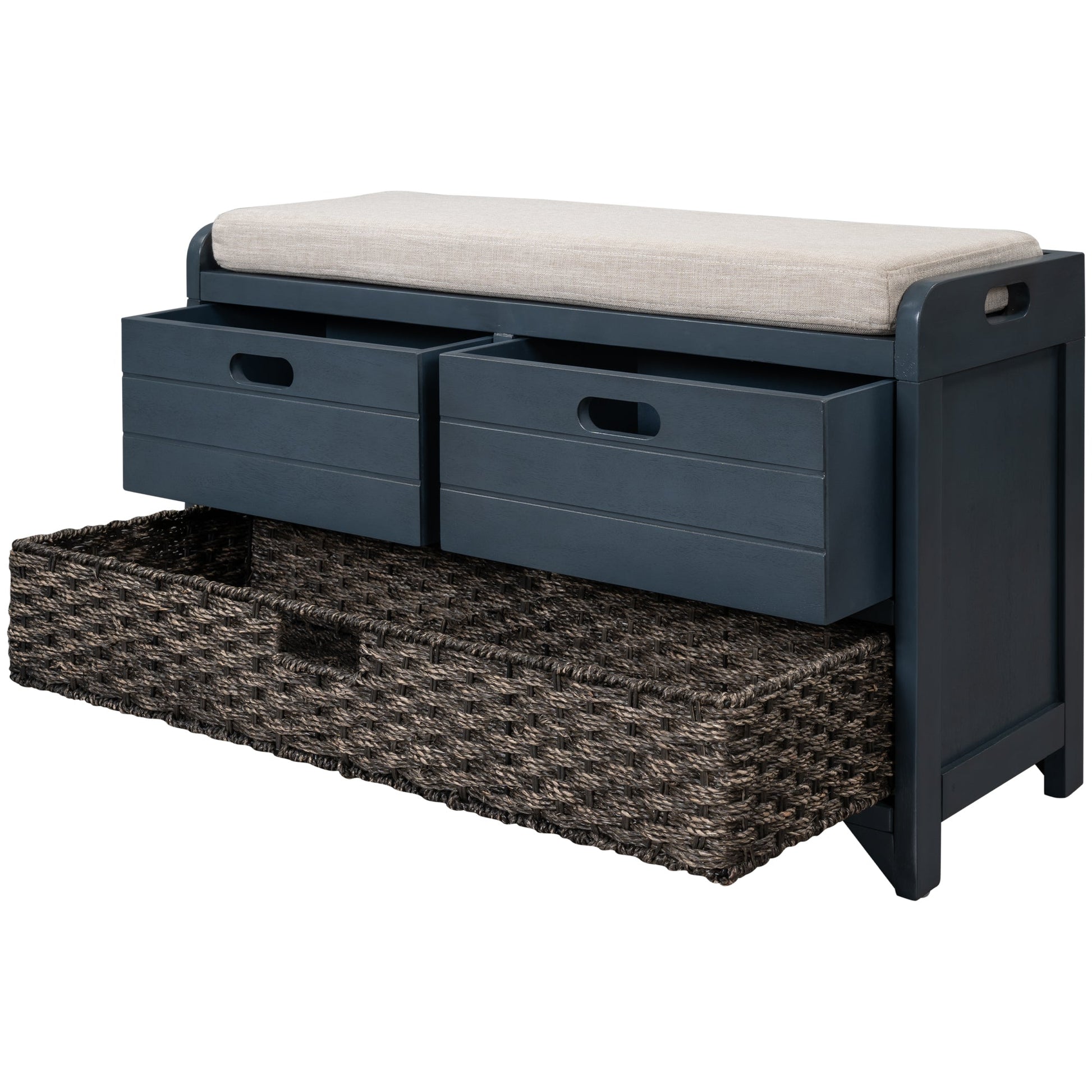 TREXM Storage Bench with Removable Basket and 2 Drawers, Fully Assembled Shoe Bench with Removable Cushion (Navy) - Korvel