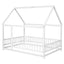 Full Size Floor Wooden Bed with House Roof Frame and Guardrails - White