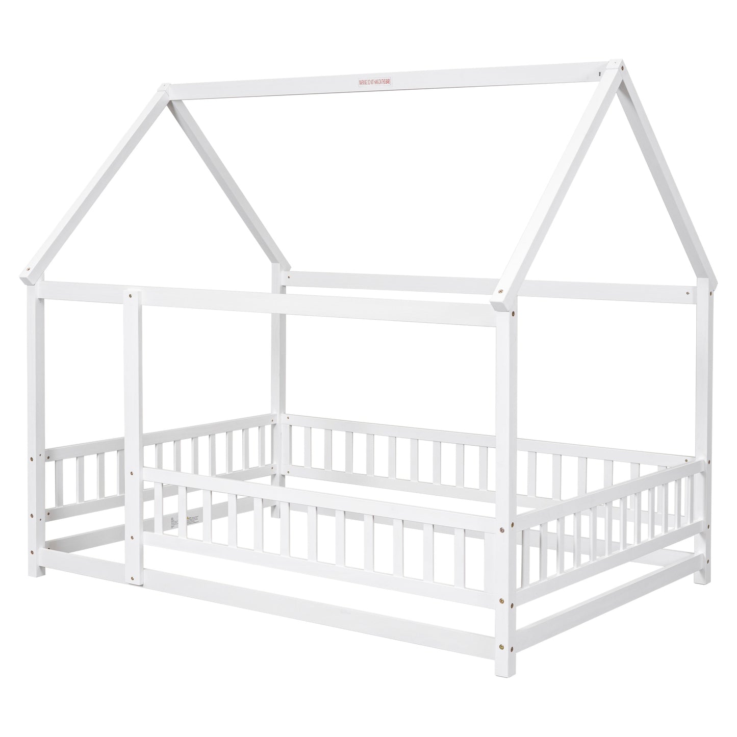 Full Size Floor Wooden Bed with House Roof Frame and Guardrails - White
