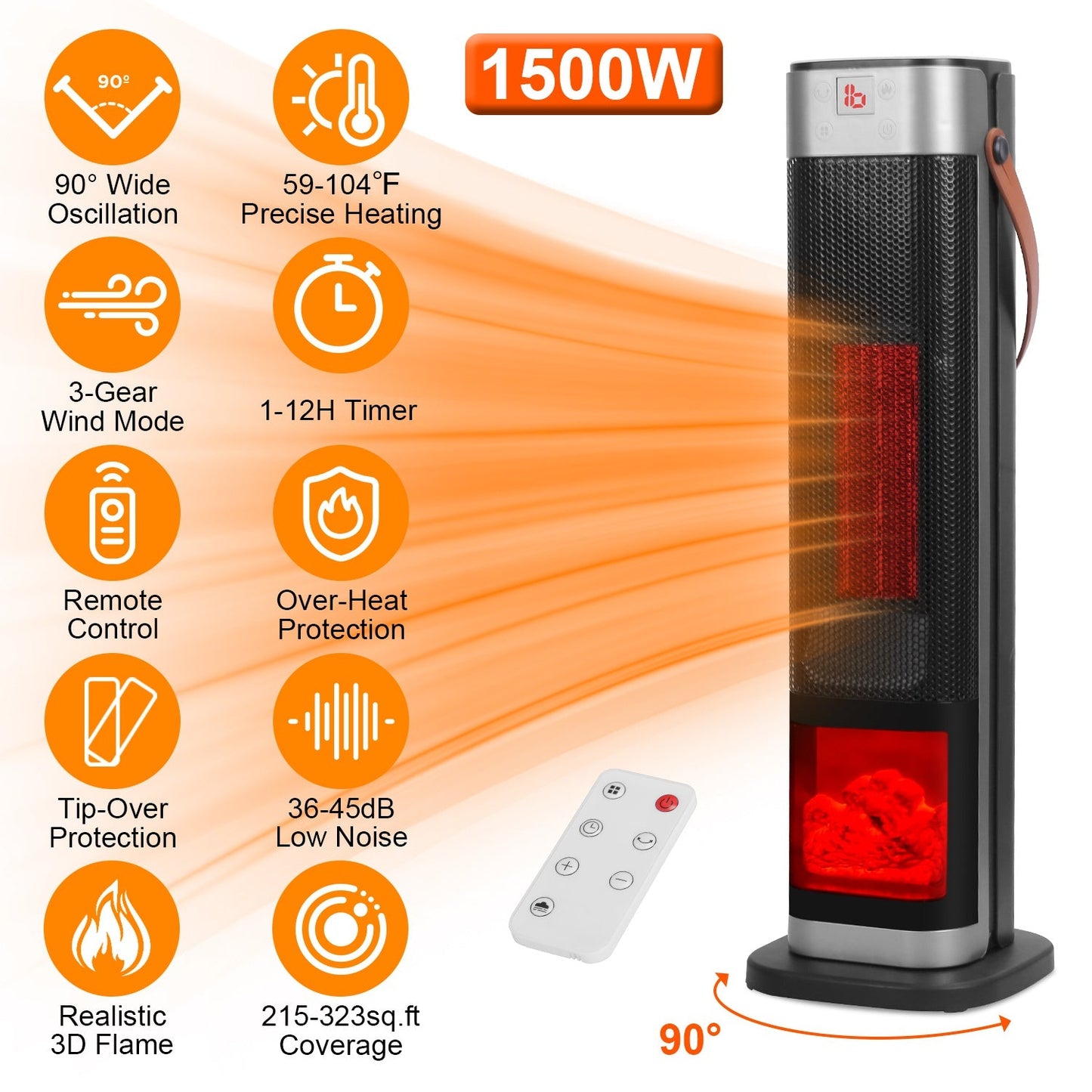 1500W Oscillating Ceramic Tower Space Heater with 3D Flame