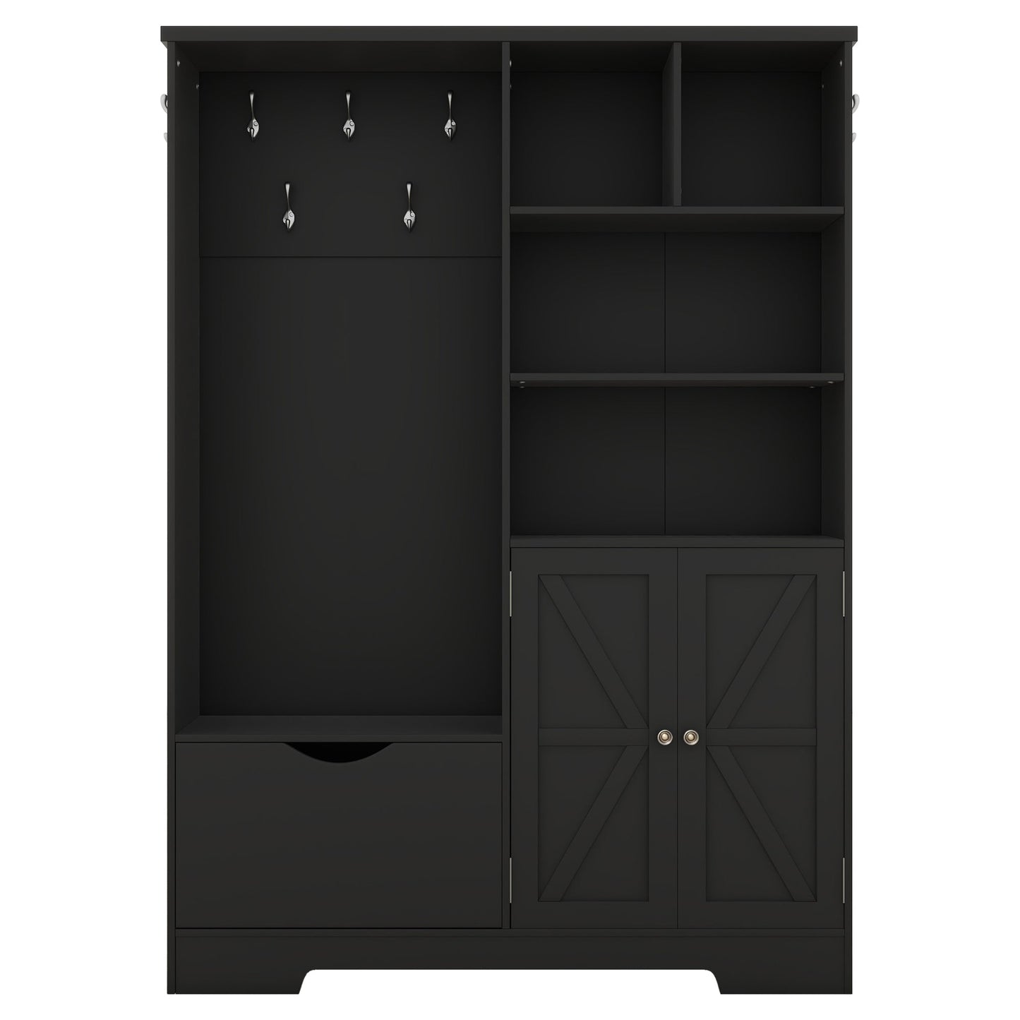 Multi-functional Hall Tree with Storage Shelves Drawers and Cabinet, Elegant Hallway Shoe Cabinet with Bench Modern Black - Korvel