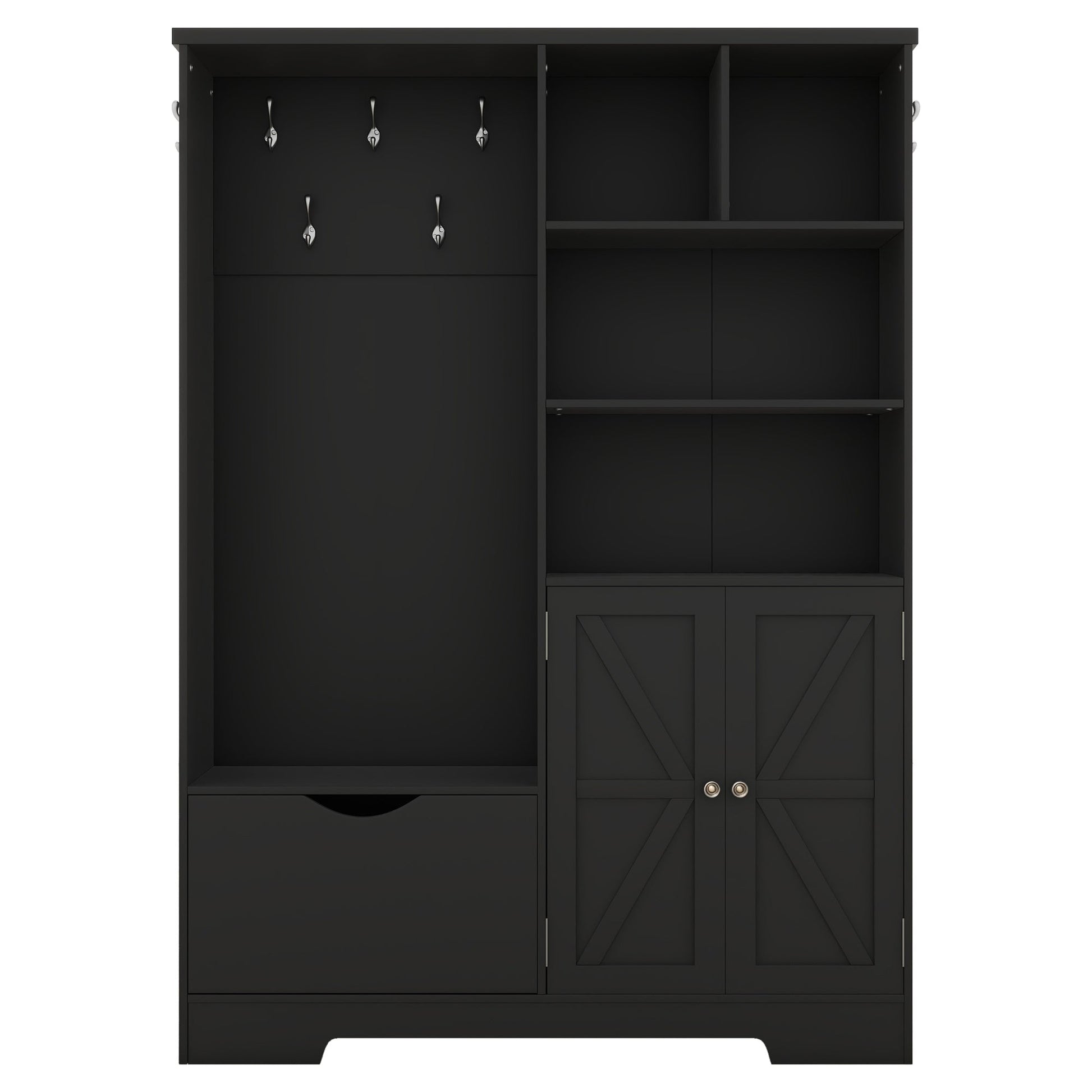 Multi-functional Hall Tree with Storage Shelves Drawers and Cabinet, Elegant Hallway Shoe Cabinet with Bench Modern Black - Korvel