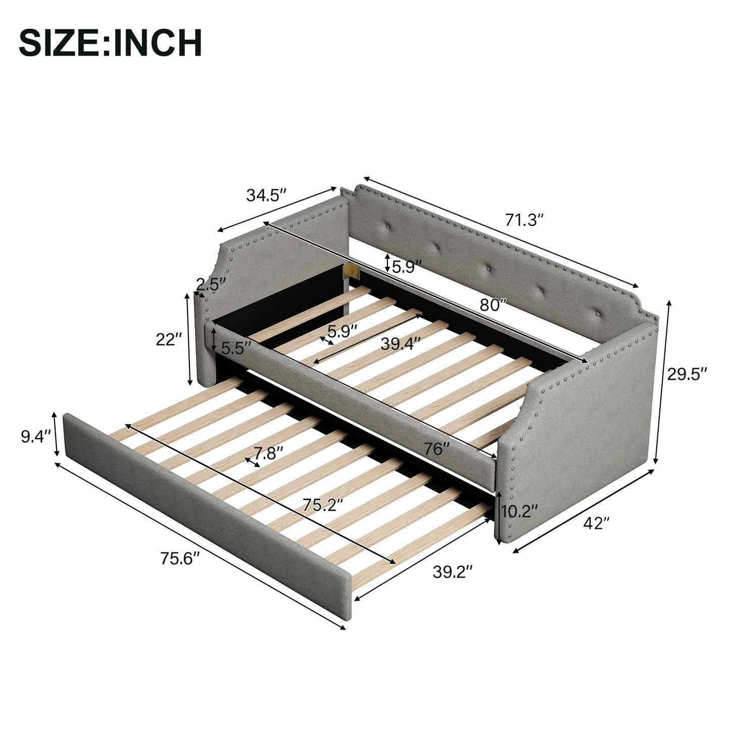 Upholstered Daybed with Trundle, Wood Slat Support,Upholstered Frame Sofa Bed   Twin Gray - Korvel
