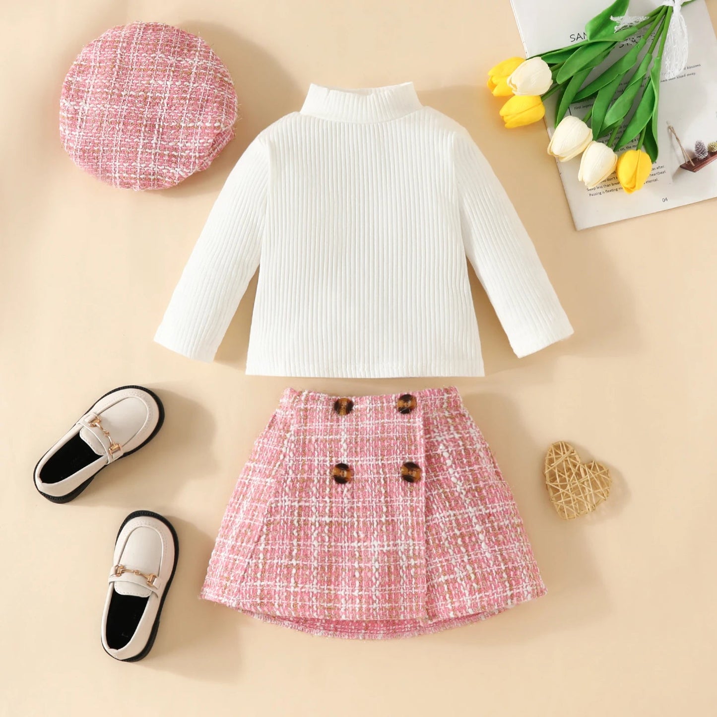 ma&baby Toddler Girls Knit Outfit Set with Plaid Skirt