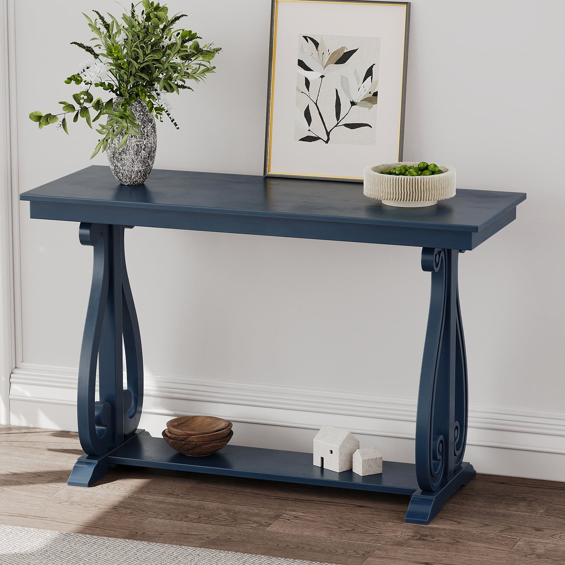 48-Inch Rustic Vintage Console Table --- Farmhouse Style Entryway Table with Open Shelf and Sturdy Construction (Navy) - Korvel
