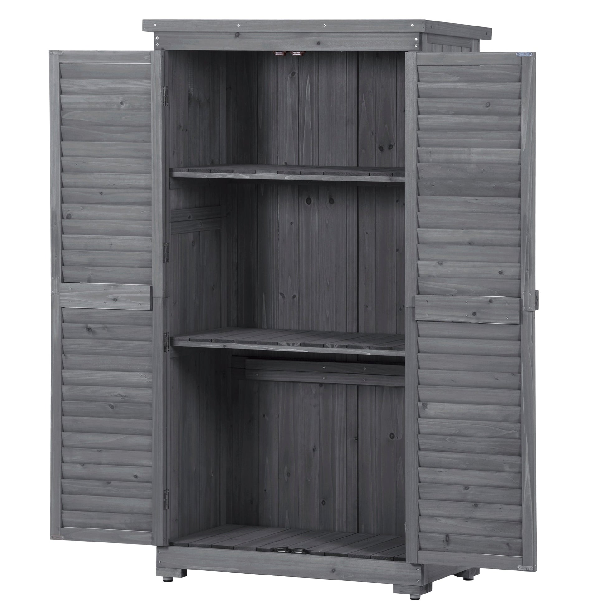 Wooden Garden Shed 3-tier Patio Storage Cabinet Outdoor Organizer Wooden Lockers with Fir Wood (Gray Wood Color -Shutter Design) - Korvel