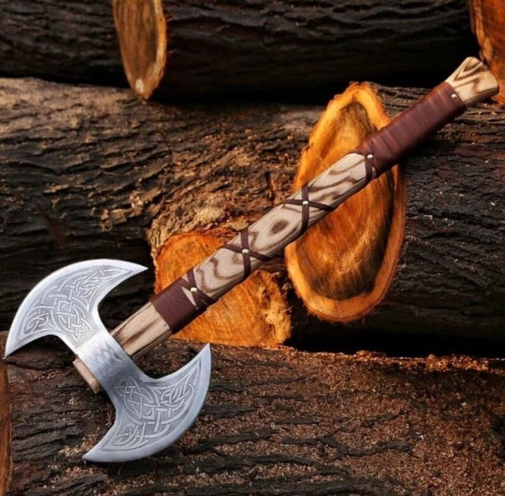 Artisan Crafted Battle Axe: Engraved Dual D2 Steel Blades with Ash Wood Handle and Leather Sheath - Korvel