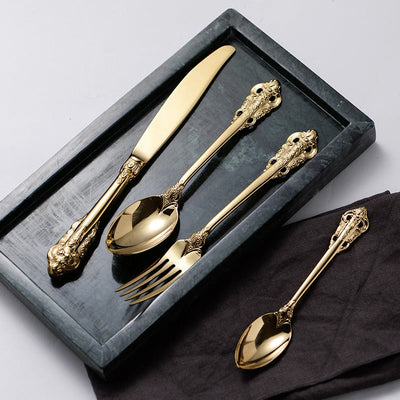 Stainless steel carved steak knife and fork, gold-plated palace Western restaurant knife, fork, spoon, Western tableware set of - Korvel