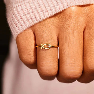 925 Sterling Silver Inlaid Zircon Fish Ring - Korvel