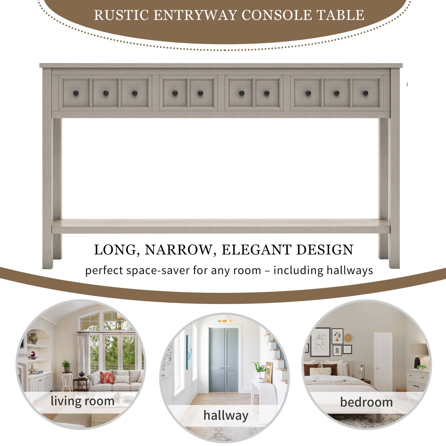 TREXM Rustic Entryway Console Table60" Long Sofa Table with two Different Size Drawers and Bottom Shelf for Storage (Gray Wash) - Korvel