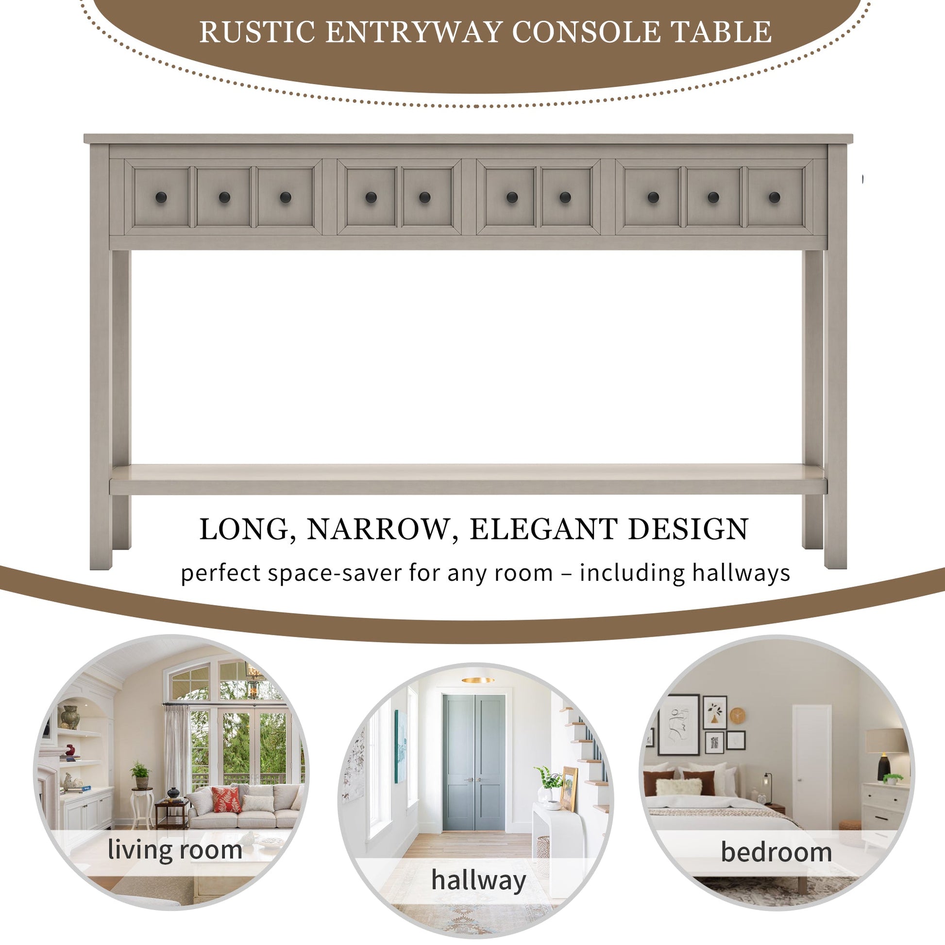 TREXM Rustic Entryway Console Table60" Long Sofa Table with two Different Size Drawers and Bottom Shelf for Storage (Gray Wash) - Korvel