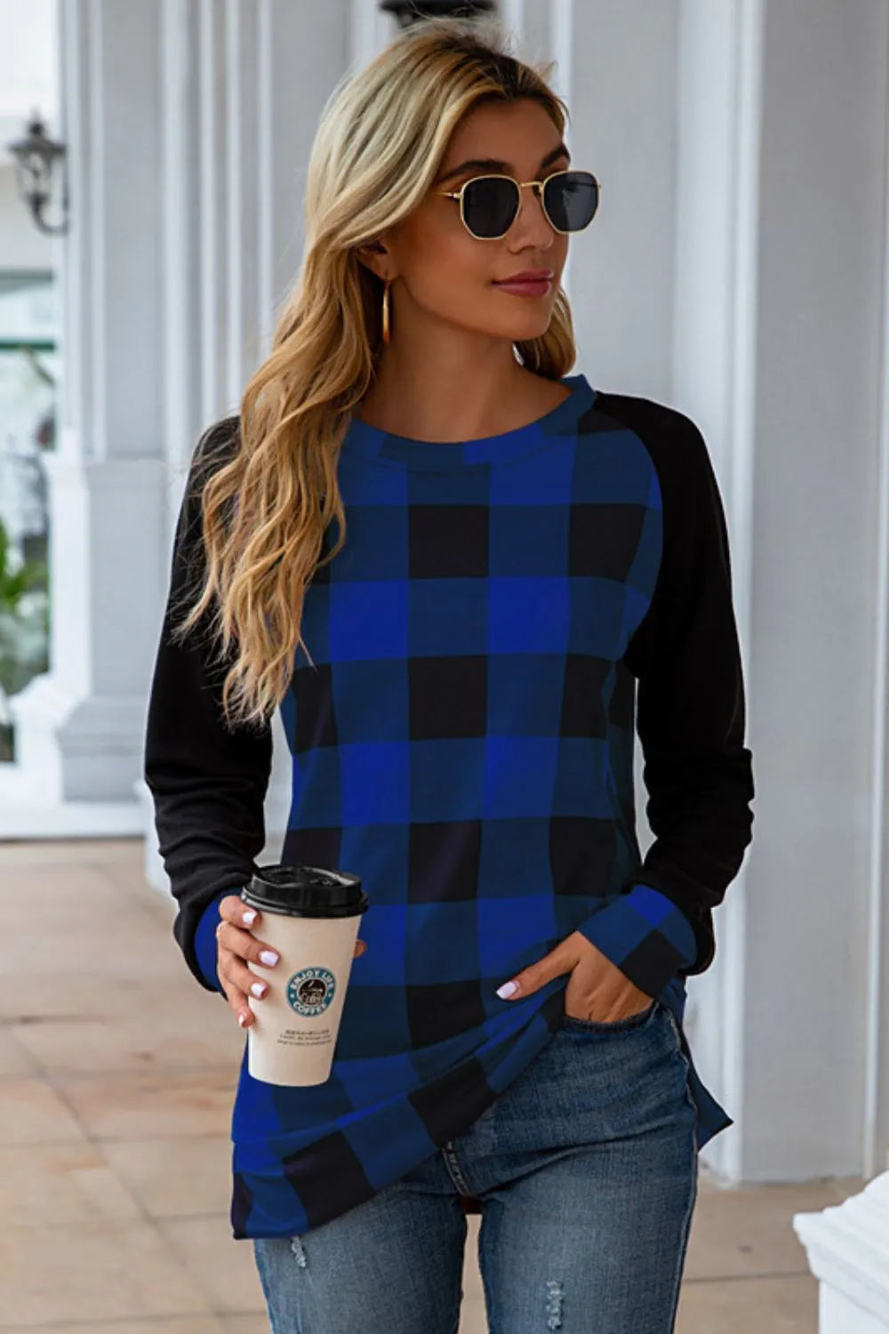 Plaid Round Neck Long Sleeve T-Shirt - Korvel