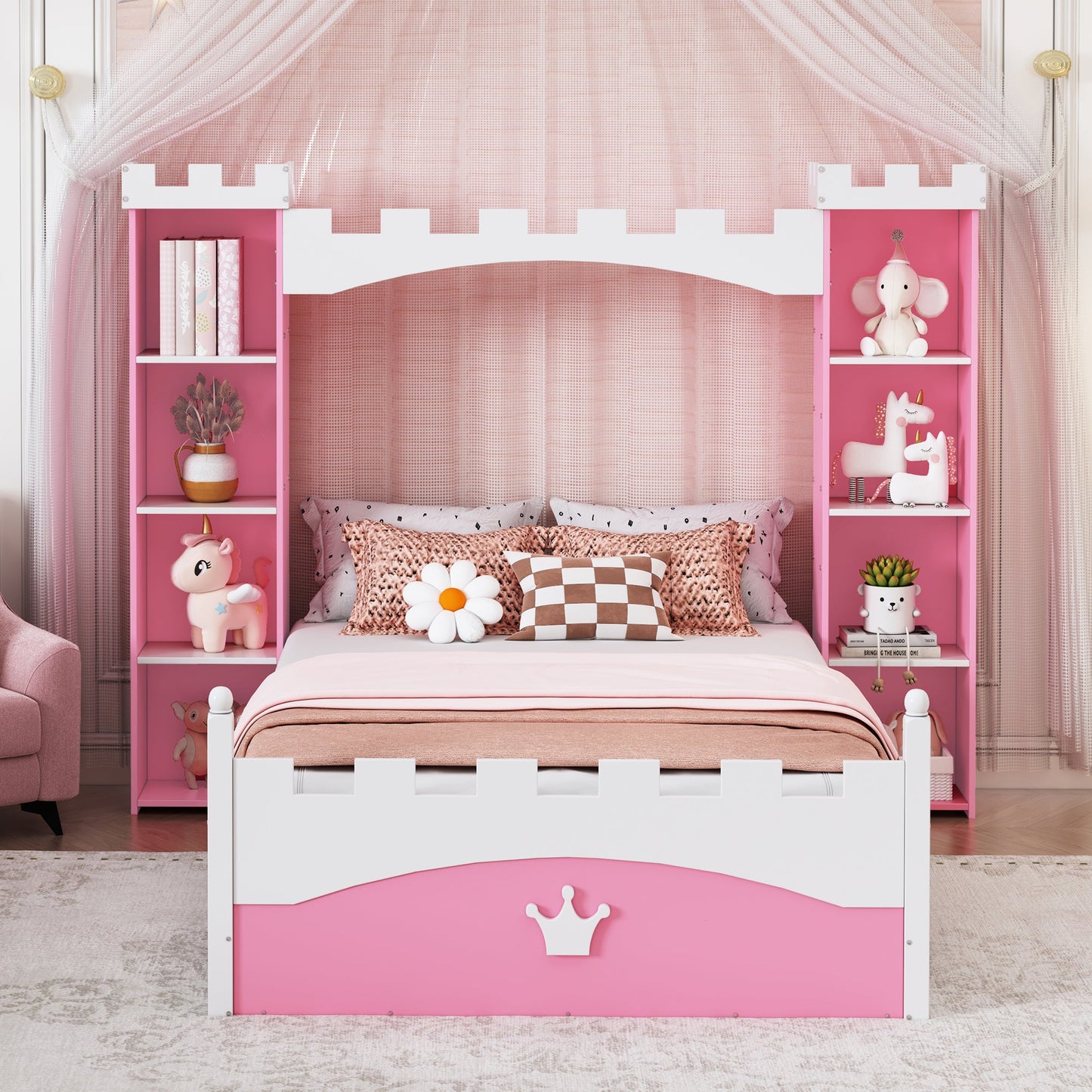 Lit jumeau en bois en forme de château avec étagère de rangement en rose et blanc