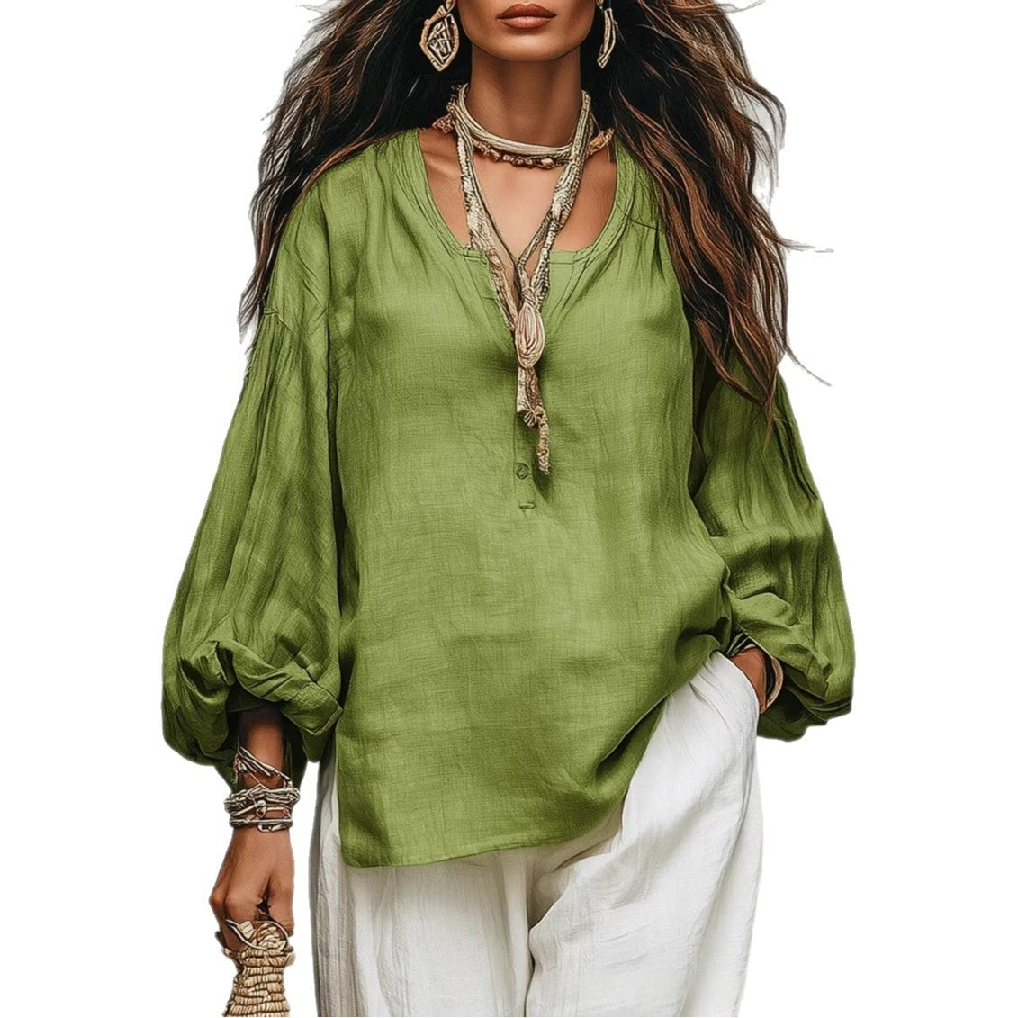 Retro Solid-Color Loose-Fit Casual Half-Collar Long Sleeve Shirt