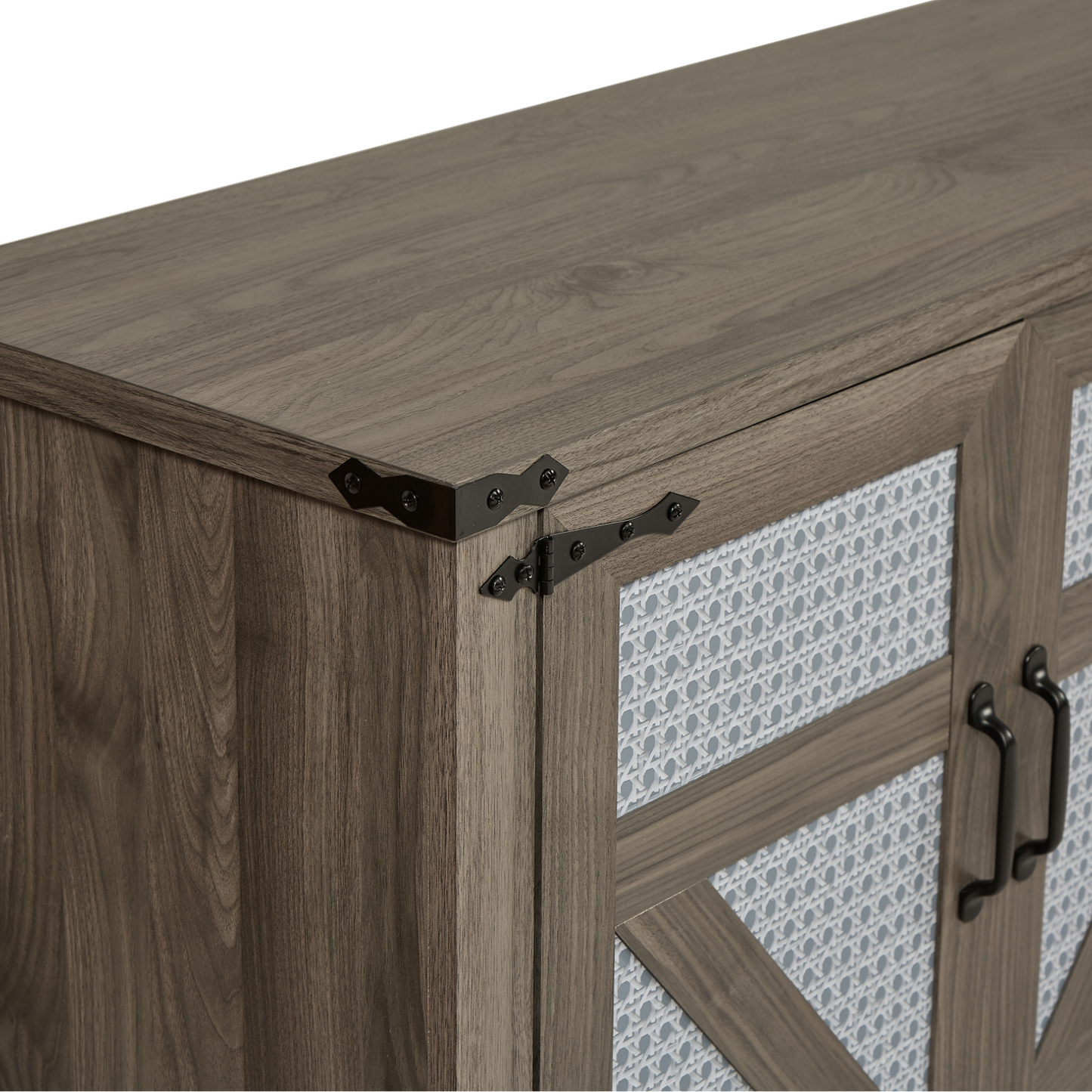 65-Inch Slate Gray Faux Rattan Sideboard with Barn Doors