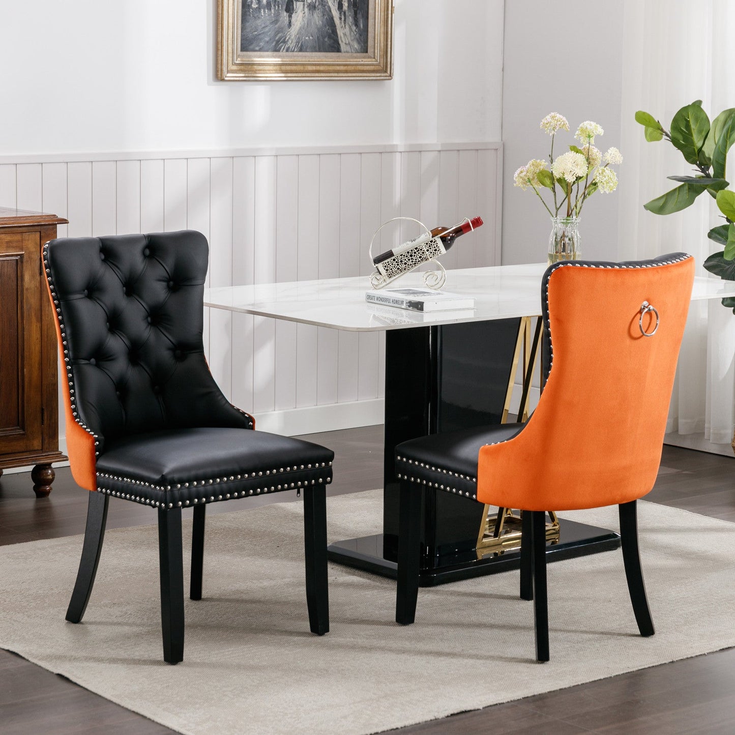 Tufted Solid Wood Contemporary PU and Velvet Upholstered Dining Chair with Wood Legs Nailhead Trim 2-Pcs Set Black+Orange - Korvel