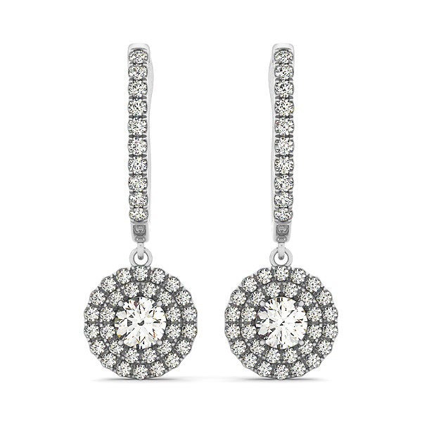 14k White Gold Double Halo Round Diamond Drop Earrings