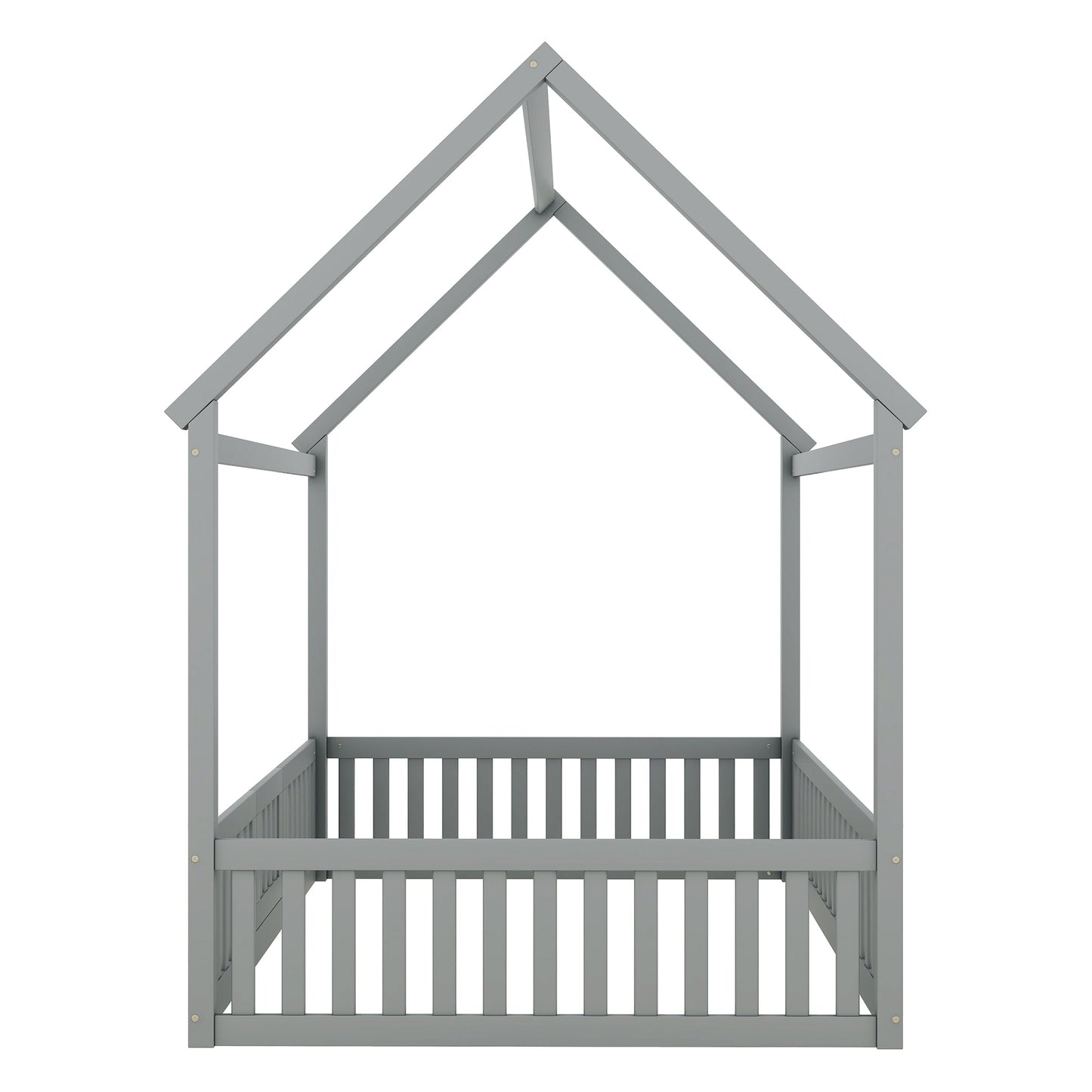 Full Size Wood House Bed with Fence and Door, Gray - Korvel