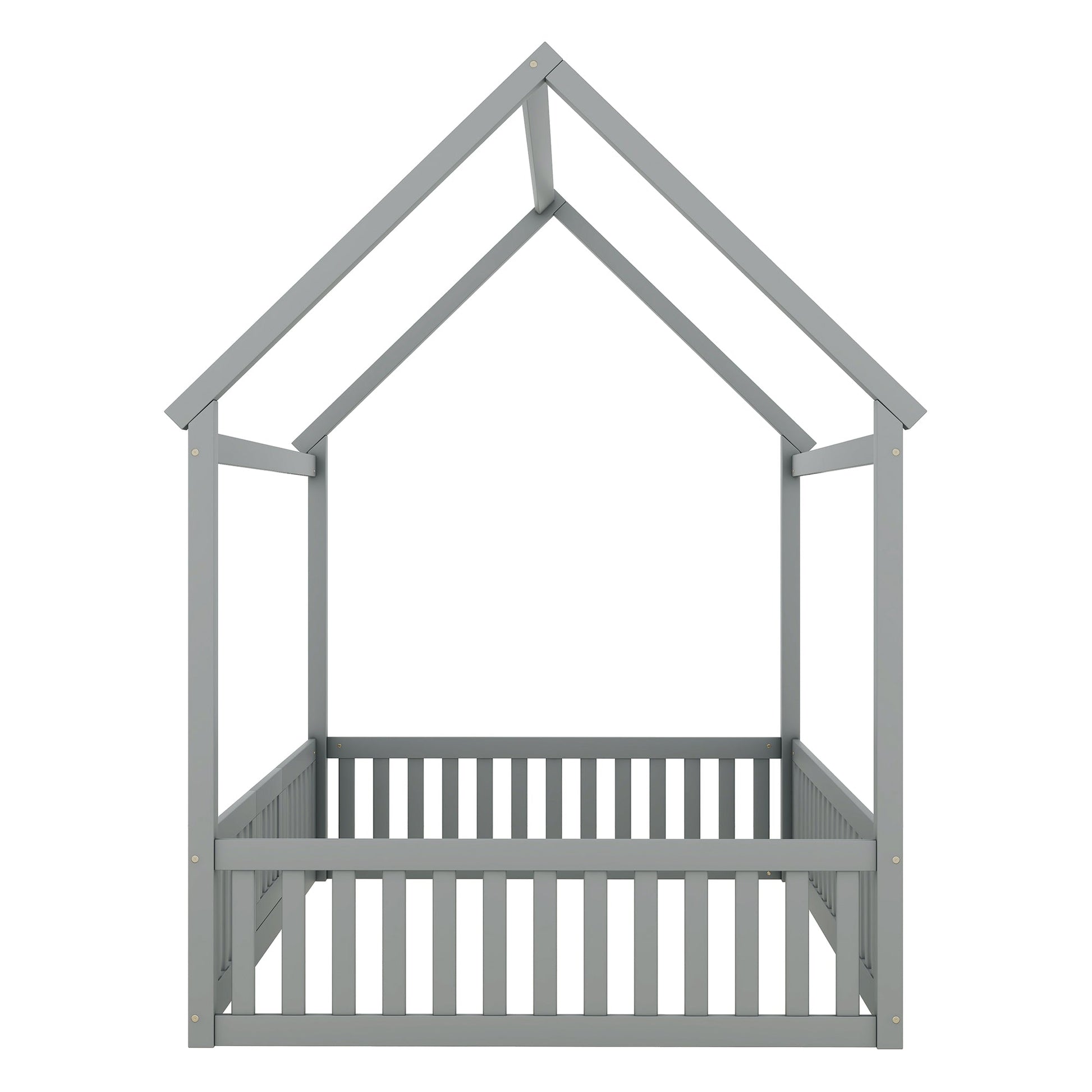Full Size Wood House Bed with Fence and Door, Gray - Korvel