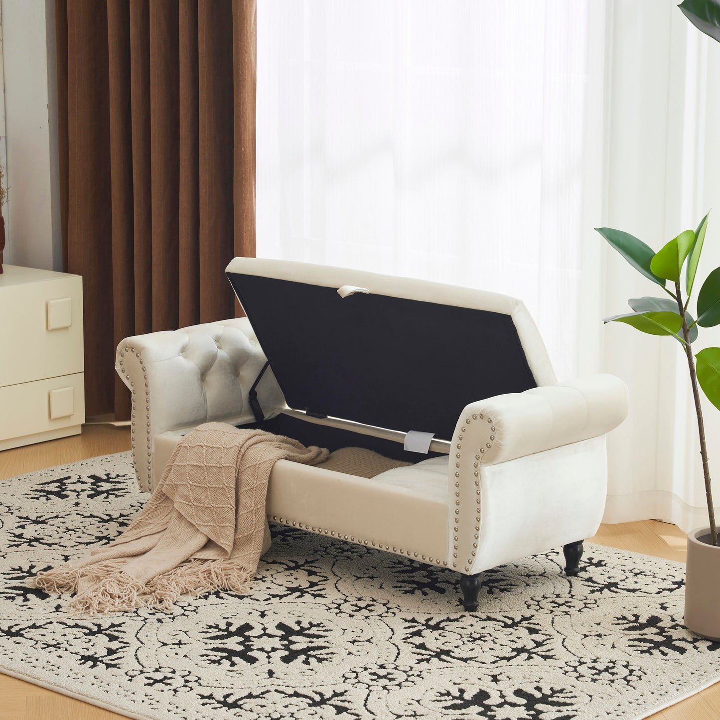 Banc de rangement multifonction en velours avec coussin - Beige