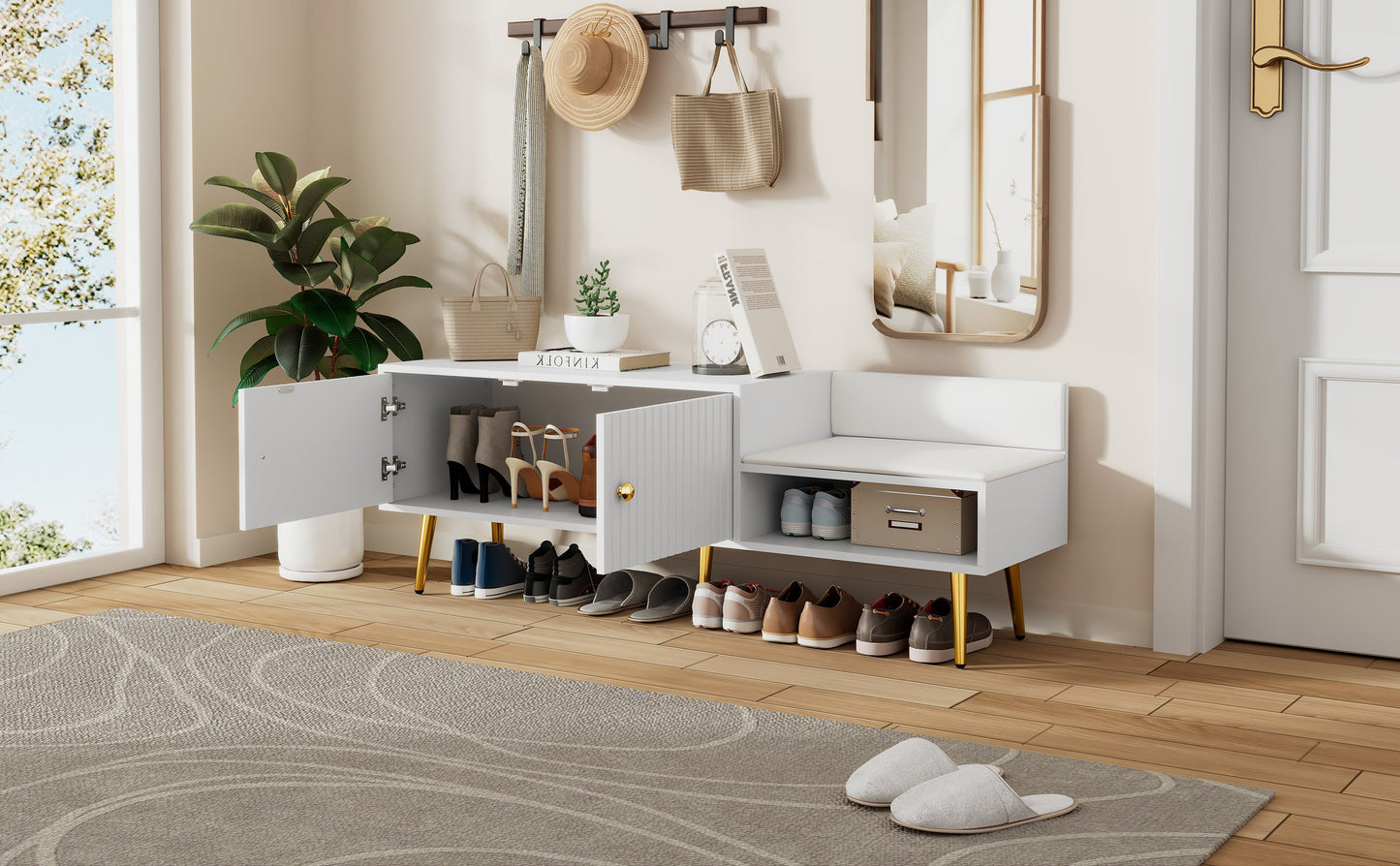 Banc de rangement pour chaussures blanc moderne avec rangement caché