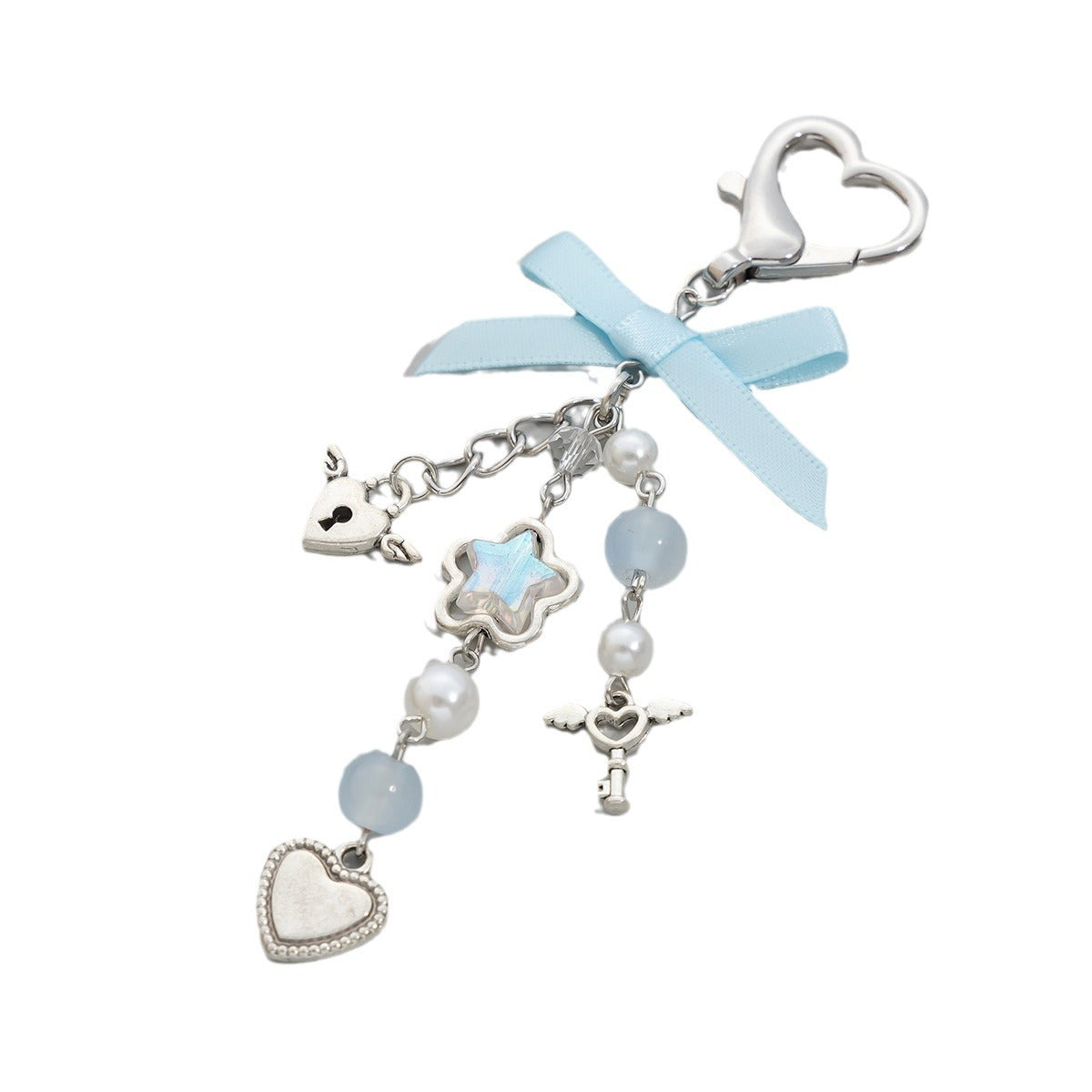 Little Fresh Love Bow Ribbon Keychain Sweet Wind Imitation Pearl Alloy Pendant - Korvel